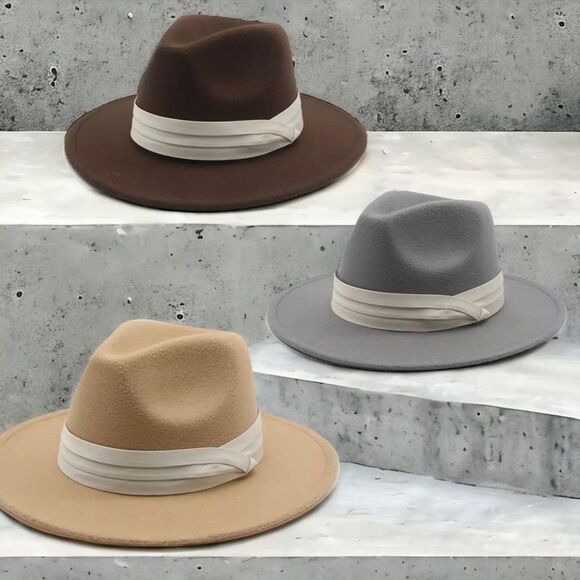 Gray Wide Brim Tall Dented Crown Tailored Band Fashion Fedora Hat - NEW - Picture 4 of 4